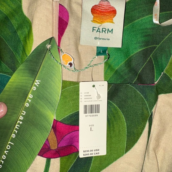 Farm Rio Anthurium Leaves Dress‎ Puff Sleeve Square Neck Linen Blend Size L - Picture 6 of 14